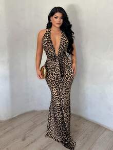 SHEIN SXY Vestido halter de cuello bajo con estampado de leopardo sexy - Multicolor - Ver 6
