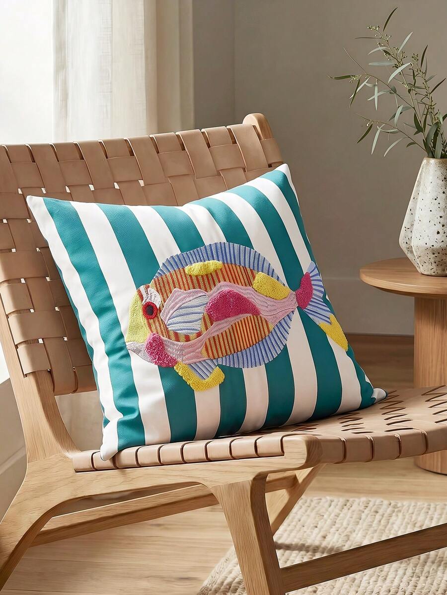 1 Piece, Embroidered Tropical Fish Pillow Cover, Green And White Vertical Striped Nautical Wind Cushion Cover, Beach House Decoration - Green - View 1
