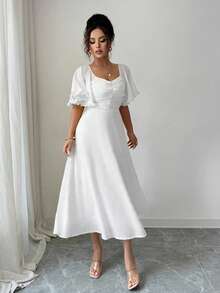 Modelyn Women's Solid Butter Yellow Chiffon Ruffle Sleeve Design Summer French Style Vacation Dress - White - View 7