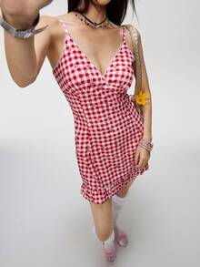 Rina Fox Đầm hai dây họa tiết kẻ caro ngọt ngào cho nữ, kiểu dáng bèo nhún, thích hợp cho mùa hè. - Nhiều màu - Xem 6