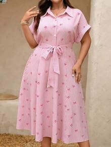 EMERY ROSE Gaun Midi Lebar Berkerah Model Mengembang dengan Motif Pita dan Garis-garis Pink & Putih Ukuran Plus, Elegan untuk Acara Santai, Liburan, atau Kencan - Berwarna merah muda - View 4