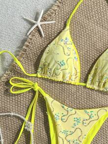2 Pieces Colorful Sequin Special Fabric Triangle Cup Bra And Side Tie Swim Bottoms Sexy Bikini Set, Spring/Summer Holiday - Yellow - View 6