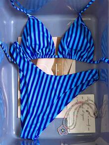 Swim Mod Bộ bikini hai mảnh buộc dây cổ họa tiết sọc nhiệt đới dễ thương dành cho nữ, thích hợp cho các buổi tiệc bãi biển thường ngày. - Nhiều màu - Xem 3