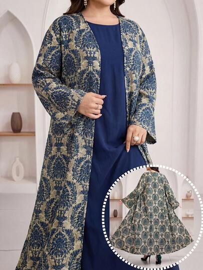 Veilorie Ensemble décontracté de grande taille pour femmes, composé d'une robe de couleur unie et d'un long cardigan à imprimé intégral, dans un style arabe