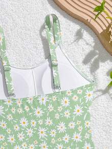 SHEIN Bộ đồ bơi liền thân và chân váy lưới màu trơn dễ thương cho bé gái tuổi teen, chất liệu vải dệt kim in hoa, thích hợp cho đi biển, bơi lội, kỳ nghỉ hè. - Màu xanh Bạc hà - Xem 5