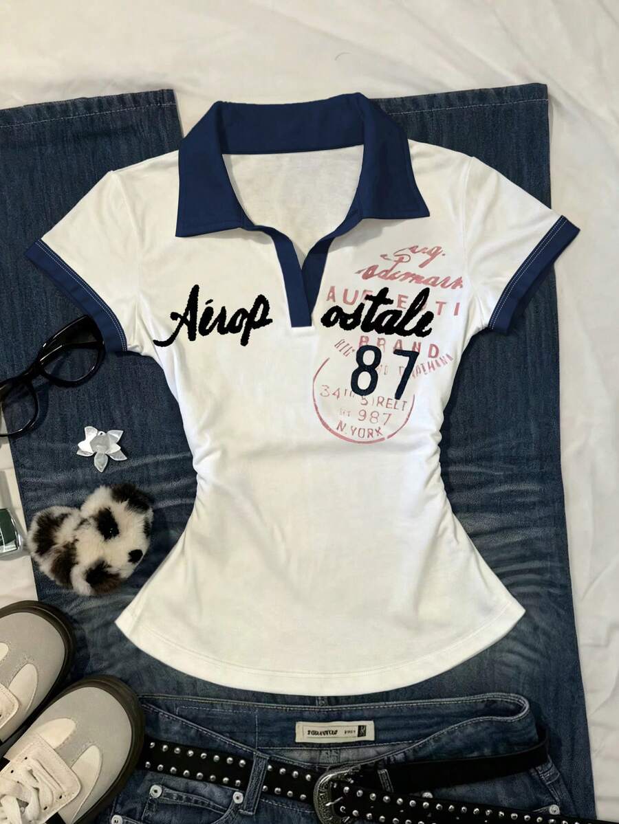 Women's Letter Print Contrast Color Casual T-Shirt - Multicolor - View 1