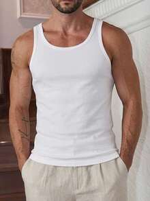 男士100%棉素色背心上衣 - 白色 - 查看 1