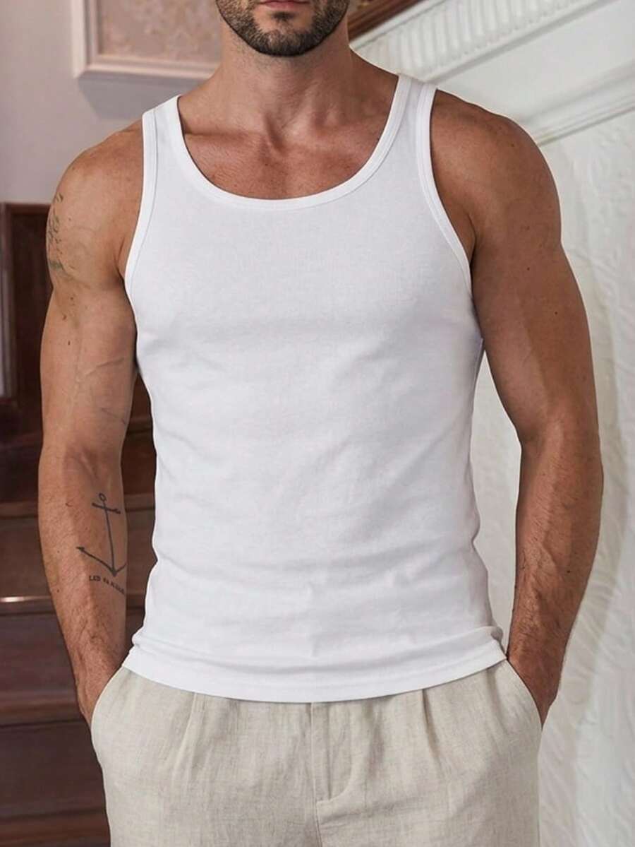 男士100%棉素色背心上衣 - 白色 - 查看 1