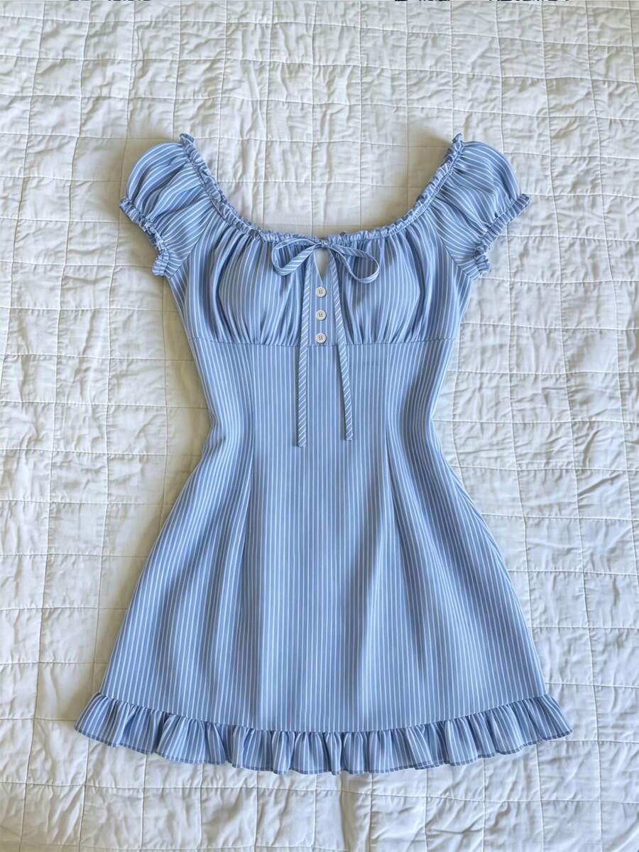 Flirla 女士夏季休闲藏蓝色条纹修身低领荷叶边迷你紧身连衣裙 - 淺藍色 - 查看 1