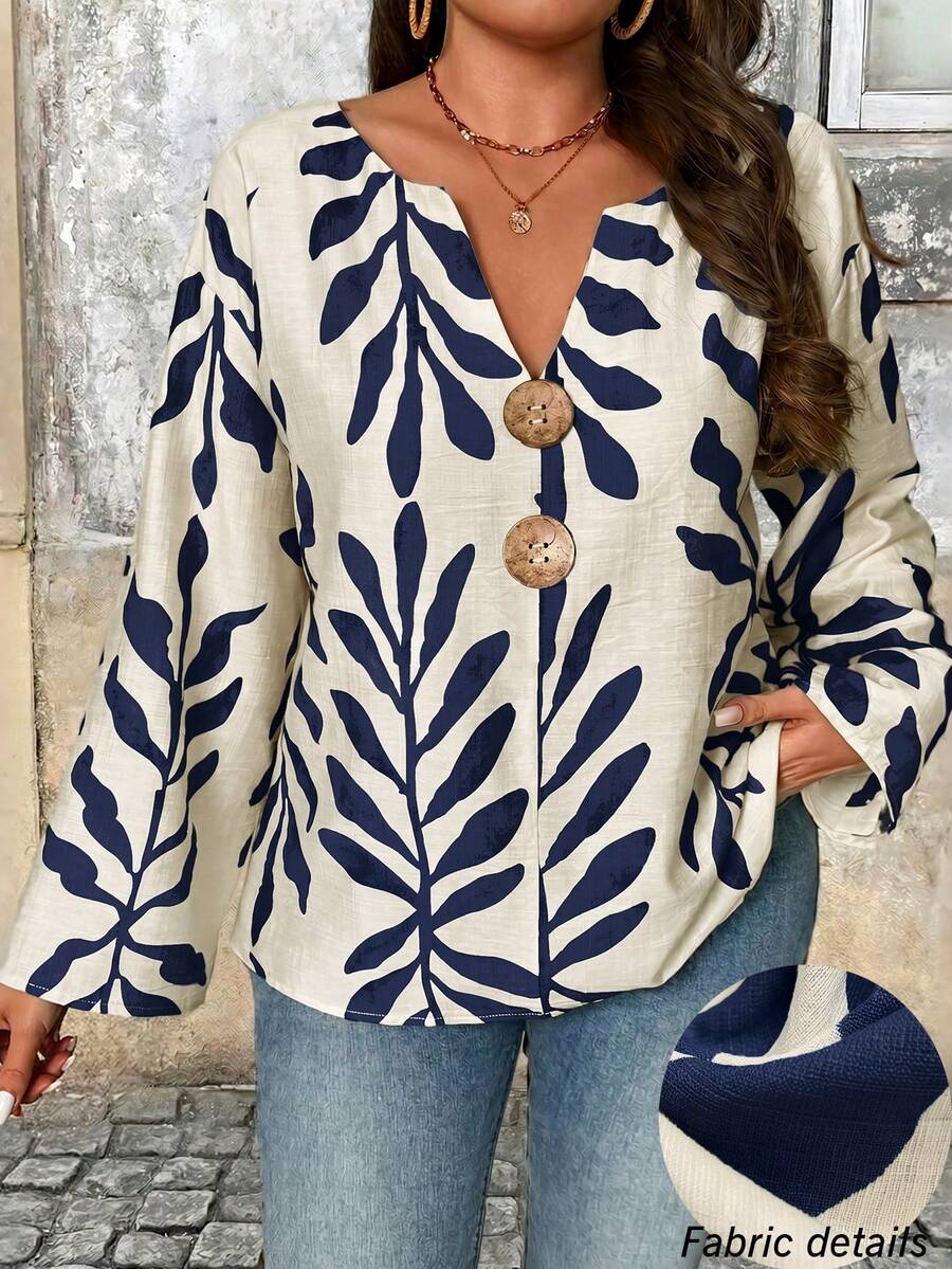 EMERY ROSE Damen Große Größen V-Ausschnitt Knopfdekor Lässige Lose Bequeme Urlaubs Blatt Muster Langarm Lässige Bluse, Frühling/Sommer - marineblau - Übersicht 1