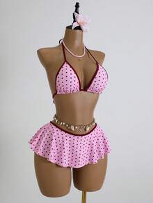 SHEIN Swim Mod 2026 Spring/Summer Springbreak Women Beachwear 2pcs Set, Spaghetti Strap Polka Dot Print Top And Ruffle Trim Contrast Color Bikini Bottoms, Beach Vacation Bikini Set Bathing Suits For Women Polka Dot Bathing Suits For Women 2 Piece Pink Polka Dot Bikini Polka Dot Bikini Pink 2 Piece Bikini Set - Multicolor - View 5