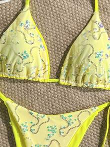 2 Pieces Colorful Sequin Special Fabric Triangle Cup Bra And Side Tie Swim Bottoms Sexy Bikini Set, Spring/Summer Holiday - Yellow - View 4