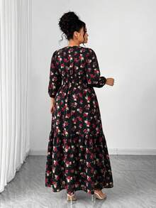 SHEIN Elenzya 大码女装新款优雅休闲度假日常轻薄印花短袖连衣裙，春夏款 - 黑色 - 查看 2