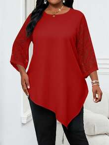 SHEIN Lady Camisa feminina plus size elegante, lisa metálica, com gola redonda, manga 3/4, barra assimétrica e modelagem solta. - Vermelho - Ver 5