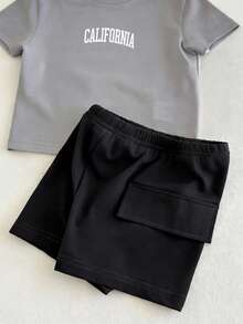 SHEIN Playful Pals 2件組 幼童男嬰休閒灰色夏季海灘套裝 英文字圖案圓領短袖T恤&鬆緊腰短褲 嬰兒男童服裝 6M-3T - 深灰色 - 查看 6