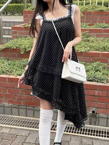 FRIFUL Women's Summer Casual Polka Dot Print Mesh Patchwork Asymmetric Hem Camisole - Black - View 10