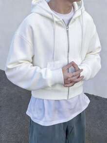 Claim Dot Men Casual Short Street Wear Zip Up Hoodie, Fall, Long Sleeve Top - White - View 2