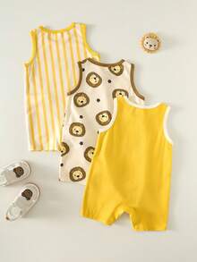 Unisex Newborn Baby 3pcs Casual Cute Lion Print Sleeveless Romper Set, Baby Rompers, Outfits, Summer Clothes - Yellow - View 3