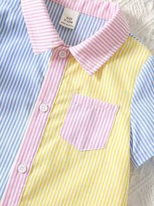 SHEIN Baju Terusan Bayi Laki-laki/Perempuan Motif Garis-garis Warna-warni dengan Kantong dan Kerah, Lengan Pendek, Cocok untuk Dipakai di Musim Semi/Panas - MultiWarna - View 6