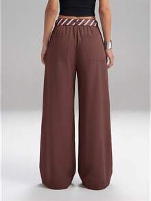 SHEIN EZwear 大码时尚通勤纯色弯腿西装裤阔腿裤宽松裤女装秋冬款 - 酒紅色 - 查看 3