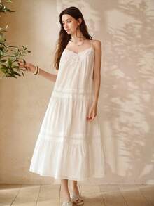 MOTF PREMIUM WOMEN'S SUMMER SOLID COLOR CONTRAST LACE LOOSE CAMISOLE NIGHTGOWN - White - View 4