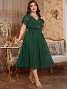 SHEIN Clasi Plus Size Women Elegant Patchwork Ruffle Beaded Design Dress - Dark Green - View 9