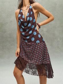 SHEIN BohoFeels Đầm ngắn nữ dệt chấm bi phối mảnh, phong cách thường ngày, thích hợp cho kỳ nghỉ. - màu nâu - Xem 3