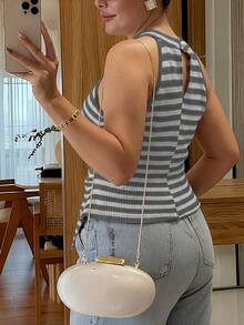 Vionelle Blusa casual versátil de uso diario con cuello de halter, a rayas y patchwork para mujer de talla grande - Gris Claro - Ver 2