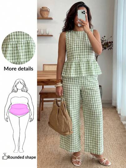 Enliva 2pcs/Set Casual Comfortable Green Plaid Sleeveless Ruffle Hem Loose Top & Elastic Waist Wide Leg Pants, Vintage School Style Outfit, Suitable For Casual, Holiday, Bohemian Vacation Outfit / Gone Today / Sleeveless Top / Straight-Leg Trousers / Green Distressed Plaid / Summer Outfit