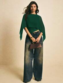 Poéselle Blusa feminina elegante de cor sólida com bainha assimétrica, ideal para o dia a dia no verão. - Verde escuro - Ver 2