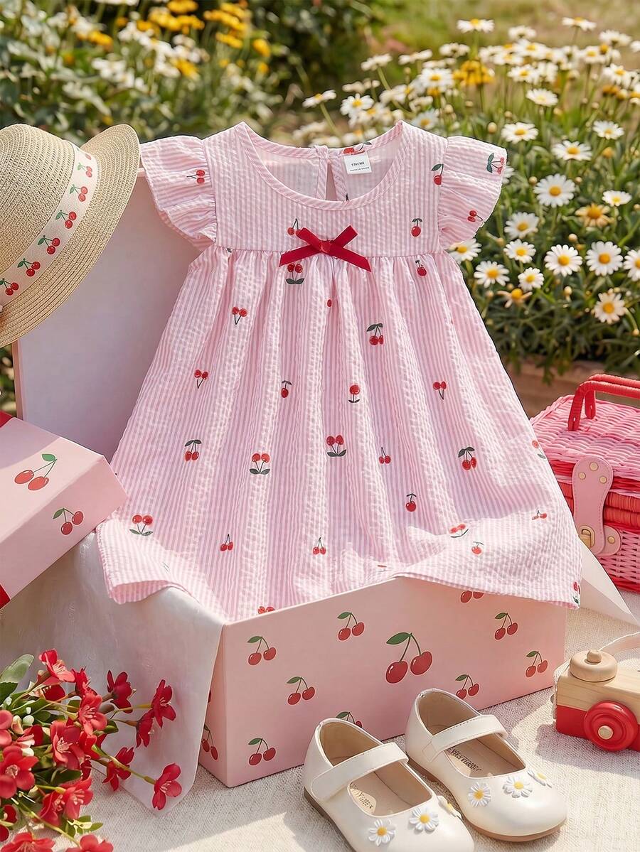 Souflis Souflis 法式新風女嬰幼兒 0-3 歲紅白條紋櫻桃印花荷葉袖洋裝，夏季可愛野餐度假出遊穿搭