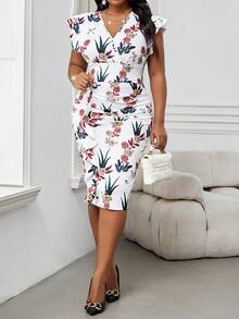 SHEIN Lady 春夏优雅通勤办公室彩色针织重叠领荷叶边荷叶边袖褶皱中长无袖大码连衣裙优雅女装高档服装 - 彩色 - 查看 6