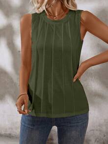 Zayélia Áo tank top nữ bằng vải cotton dệt kim cổ tròn, xếp ly, không tay, ôm sát, kiểu dáng thường ngày, đa năng, thích hợp cho mùa hè. - màu xanh lá - Xem 8