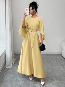 SHEIN Raffinéa Đầm dài màu kaki thanh lịch, tinh tế dành cho nữ, thích hợp đi làm hoặc hẹn hò, tay cánh dơi, eo thon, thích hợp cho mùa xuân/hè. - Màu vàng - Xem 7