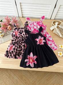 SHEIN 3pcs/Set Baby Girl Black & Magenta Leopard Print Floral Decor Spaghetti Strap Dress Set, Suitable For Street, Travel, Vacation Outfits - Multicolor - View 7