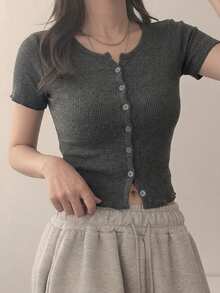 DAZY Camiseta de manga larga acanalada y ajustada para mujer, de verano - Gris - Ver 2