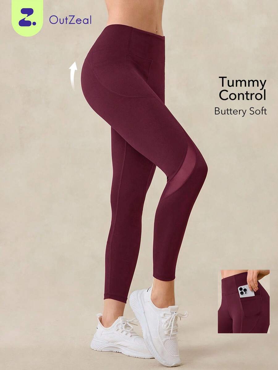 OutZeal Quần legging nữ ngoài trời màu trơn, thích hợp cho leo núi, yoga, chạy bộ, nhanh khô, ôm bụng, thiết kế lưới, quần thể thao mùa hè và mùa xuân. - Màu Đỏ Sâu - Xem 1