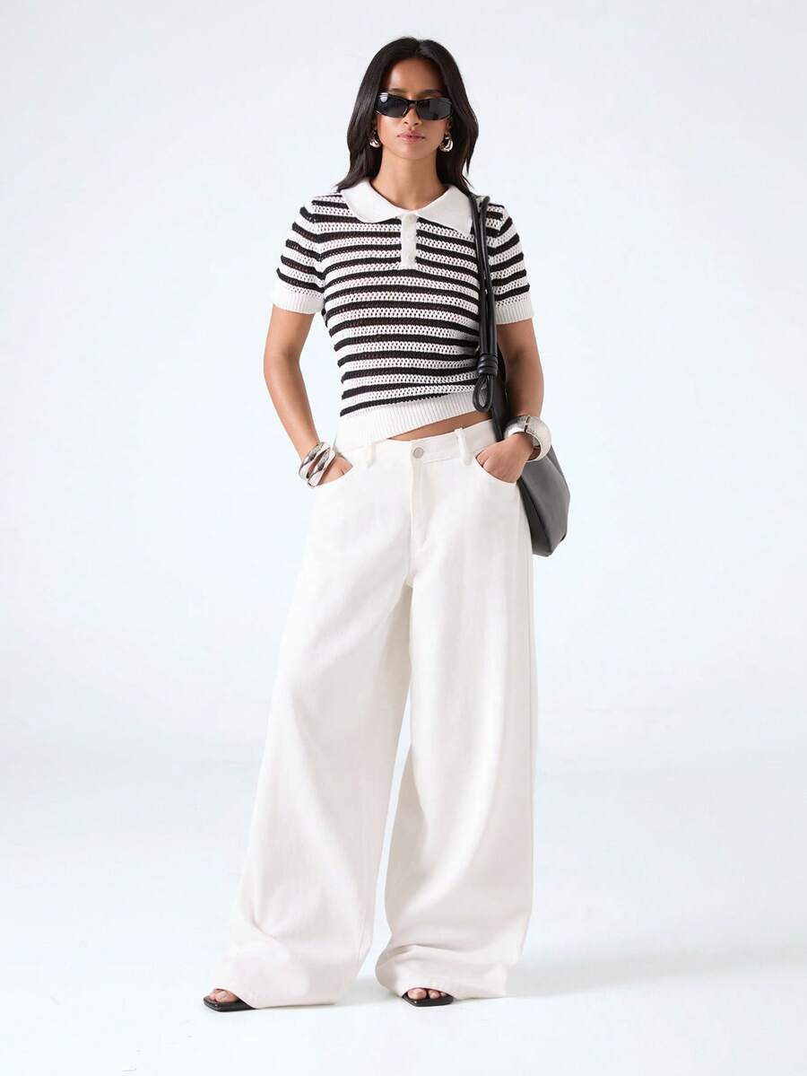 LYSMO Minimalism Casual Sexy Coastal Modest Beach City Break Vacation Daytime Short Sleeve Knit Crop Top Fitted Black And White Striped Sweater Summer - Multicolor - View 1