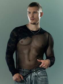 FeverCity Men's Solid Color Round Neck Long Sleeve Lace Patchwork Sheer Sexy T-Shirt - Black - View 3