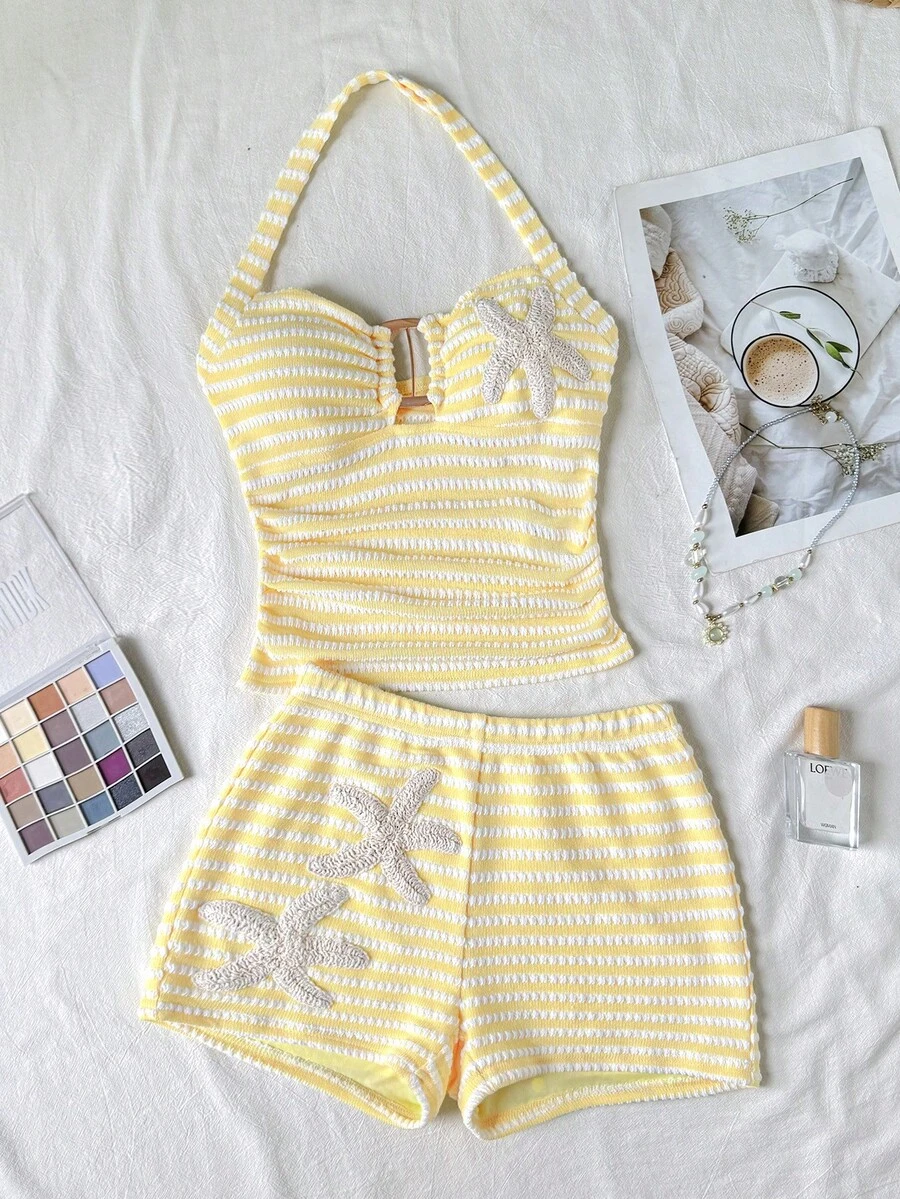 SHEIN Bộ đồ cơ bản cho bé gái tuổi teen gồm áo hai dây cổ yếm dệt kim kẻ sọc với họa tiết ngôi sao và quần short cùng màu, thích hợp cho kỳ nghỉ, ngọt ngào, dễ thương, phù hợp cho lễ hội âm nhạc hoặc lễ hội hóa trang. - Màu vàng - Xem 1