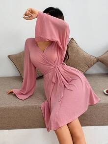 罗纹柔软针织休闲宽松家居服睡袍 - 粉色 - 查看 3