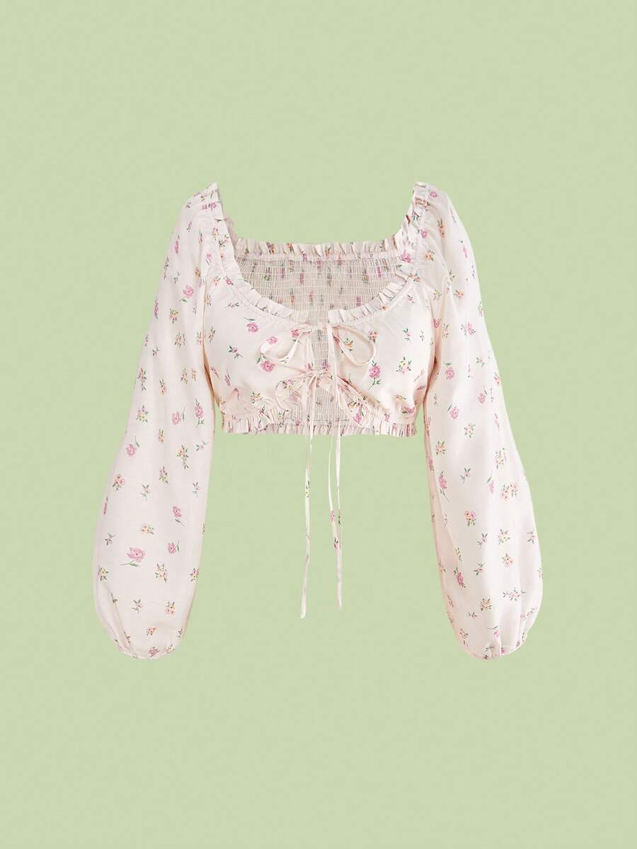 Sweetness Vacation Versatile Sweet Floral Frill Trim Petal Sleeve Cropped Plus Size Top, Spring/Summer - Apricot - View 1