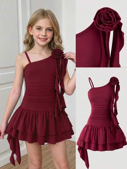 SHEIN Vestido corto elegante de verano para niñas preadolescentes con tirantes finos, ajustado, con volantes escalonados en el bajo, para ocasiones formales, fiestas y eventos