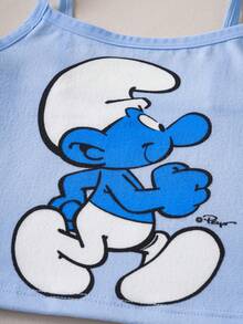 SHEIN X The Smurfs Bộ đồ lót hai dây 3 món cho bé gái, dễ thương. - Xanh và trắng - Xem 6