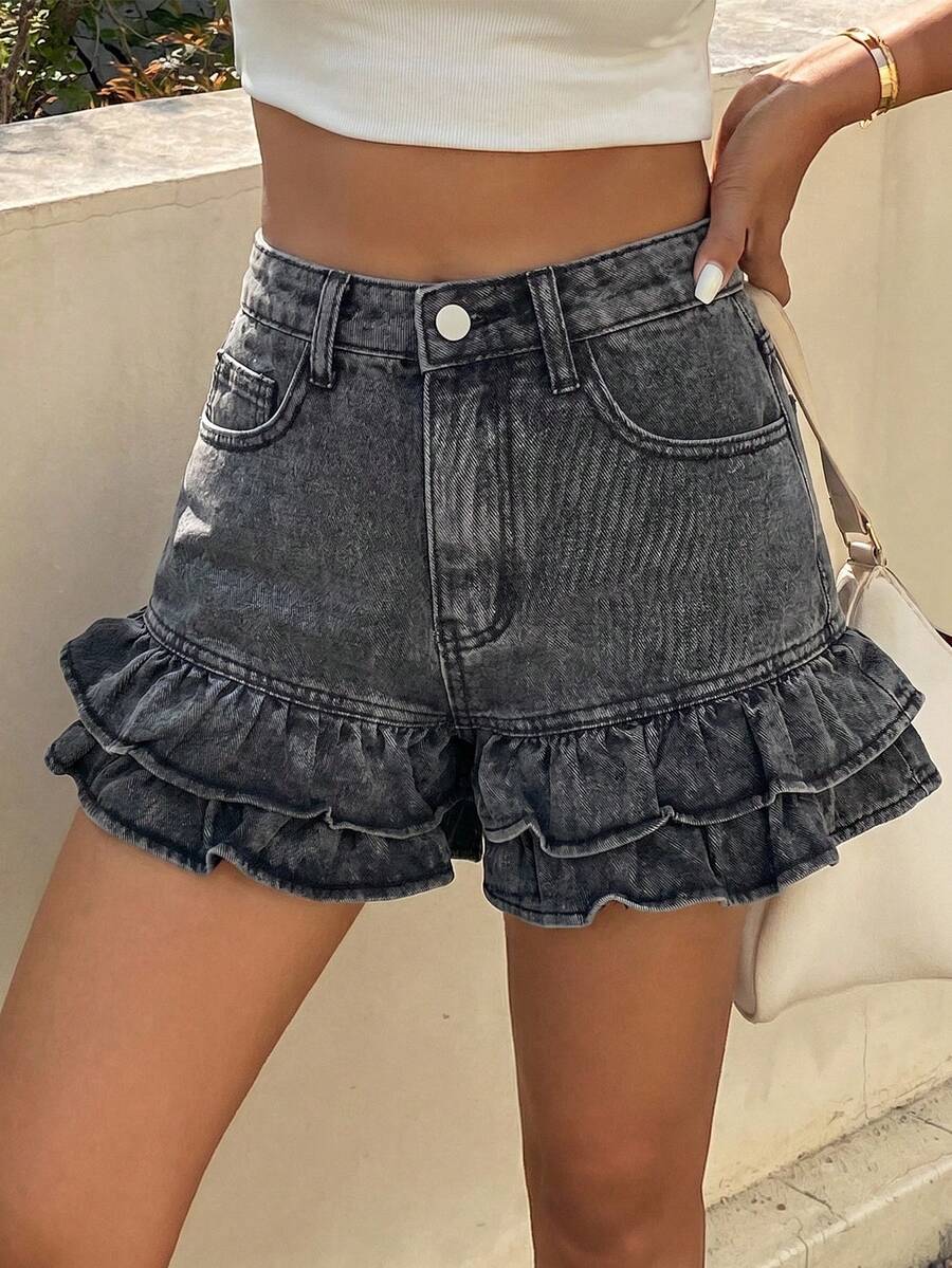 Shorts vaqueros de verano casuales para mujer con bolsillos en diagonal y volantes - Negro - Ver 1
