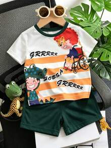 两件套幼儿男童休闲恐龙印花短袖T恤和短裤套装，适合儿童日常休闲穿着，男童服装，春夏款，适合3岁男童，婴幼儿男童服装，春夏款 - 軍綠色 - 查看 6