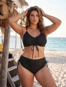 Swim Lushoire Plus Size Women Summer Beach Solid Color Bikini And Triangle Panty Swimwear Set - Blue - View 3