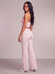 Hanevo Striped Patchwork Flare Leg Casual Pants - Pink - View 2