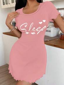SHEIN 女士休闲短袖情书印花睡袍，夏季 - 粉色 - 查看 4