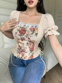 Feyla 女士优雅提花拼接交叉系带腰部衬衫，夏季 - 杏色 - 查看 3